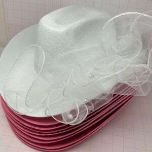 Bachelorette Cowboy / Cowgirl Hats Veiled White Bride & 8 Pink Party Hats